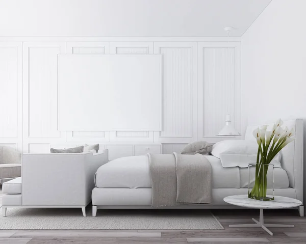 Modernt Lyxigt Sovrum Med Klassisk Väggdekoration Och Vita Möbler Återgivning — Stockfoto