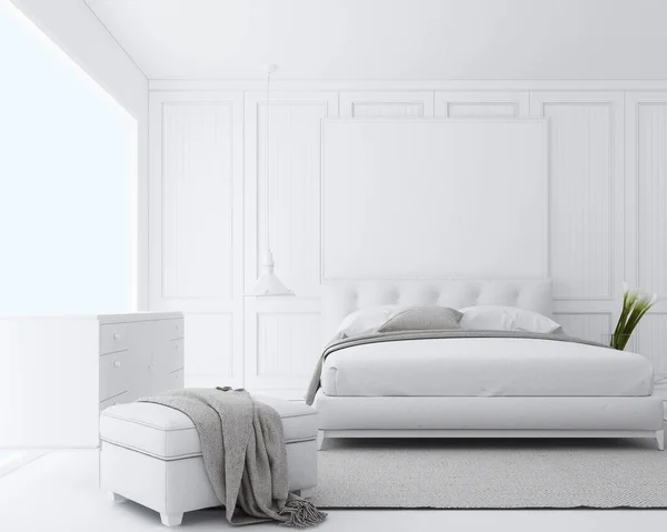 Modern Luxus Hálószoba Klasszikus Fali Díszítéssel Fehér Bútorokkal Renderelés — Stock Fotó