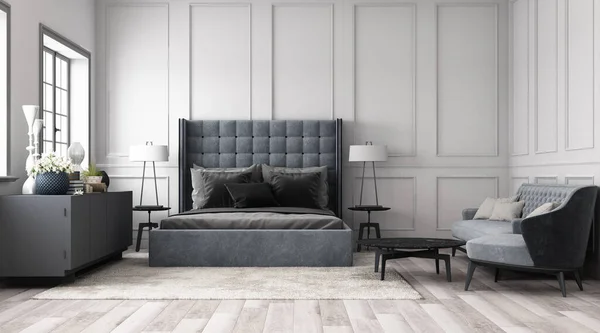Modernt Klassiskt Sovrum Med Väggdekoration Klassiskt Element Och Möbelgrå Ton — Stockfoto