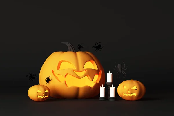 Halloween Pompoen Jack Lantaarn Met Veel Spin Zwarte Vloer Donkere — Stockfoto