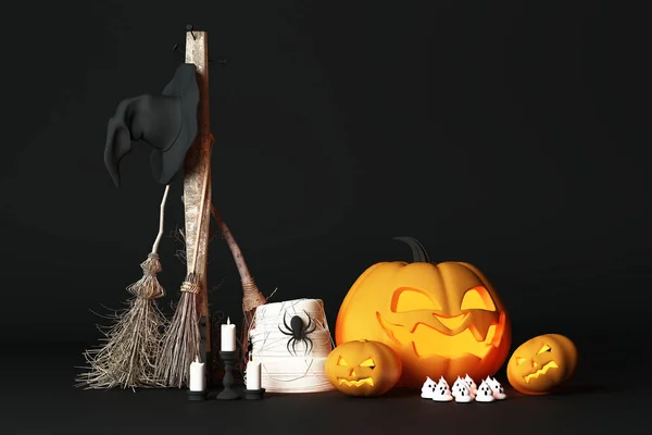 Halloween Tök Jack Lámpás Boszorkány Sapkával Virággal Pókkal Fekete Padló — Stock Fotó