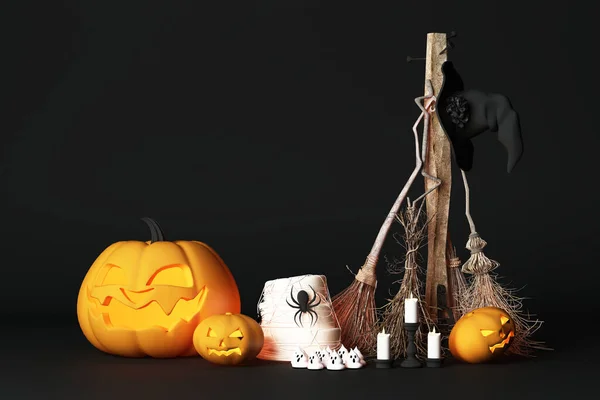 Dynia Halloween Jack Latarnia Kapeluszem Czarownicy Kwitną Pająk Czarna Podłoga — Zdjęcie stockowe