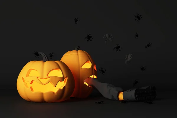 Halloween Pumpa Jack Lykta Med Många Spindel Och Människans Ben — Stockfoto