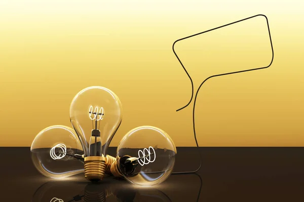 黄色の背景とテキスト用のフレームと黒の反射床に低輝く電動ヴィンテージ電球ランプ 3Dレンダリング — ストック写真
