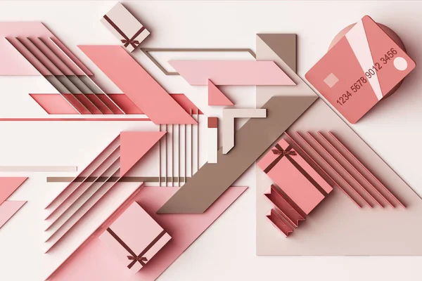 ギフトボックスコンセプトのクレジットカードパステルピンクのトーンで幾何学的な形のプラットフォームの抽象的な組成 3Dレンダリング — ストック写真
