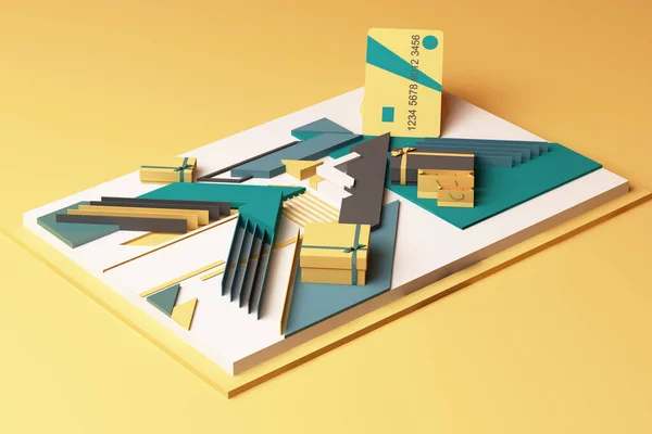 ギフトボックスをコンセプトにクレジットカード黄色と緑のトーンで幾何学的な形のプラットフォームの抽象的な組成 3Dレンダリング — ストック写真