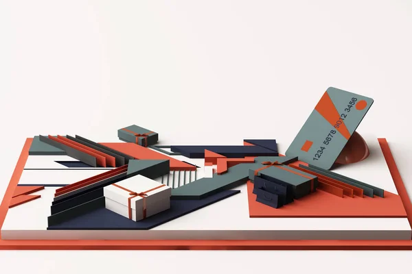 ギフトボックスコンセプトのクレジットカードオレンジと青のトーンで幾何学的な形のプラットフォームの抽象的な組成 3Dレンダリング — ストック写真