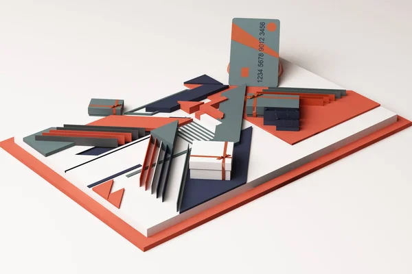 ギフトボックスコンセプトのクレジットカードオレンジと青のトーンで幾何学的な形のプラットフォームの抽象的な組成 3Dレンダリング — ストック写真