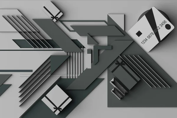 Kreditkarte Mit Geschenkbox Konzept Abstrakte Komposition Von Geometrischen Formen Plattformen — Stockfoto