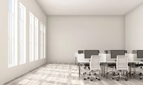 Interior Modern White Office Rows White Computer Tables White Chairs — Stock Photo, Image