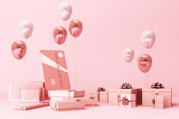 Carta Credito Rosa Che Circonda Sacco Scatole Regalo Palloncini Rendering — Foto Stock