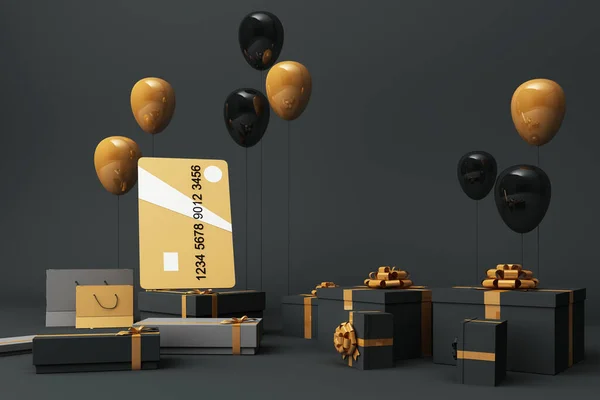 Yellow Credit Card Surrounding Lot Giftboxs Balloons Rendering — Stock Photo, Image
