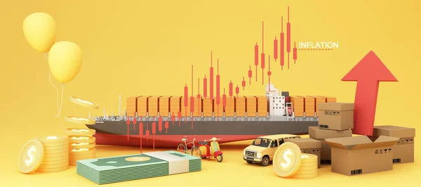 Wzrasta Koncepcja Inflacji Wpływające Handel Międzynarodowy Działalność Transportową Żółtym Czerwonym — Zdjęcie stockowe