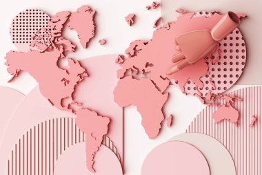 Geometrik şekillerin insan eli kavramının soyut bileşimine sahip dünya haritası. Pembe tonda platformlar. 3d oluşturma