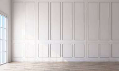 Duvar panelleri ve ahşap zeminli modern beyaz iç mekan. 3d oluşturma