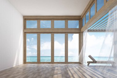 Doğal stil iç mekan ve teras, deniz manzaralı 3D görüntülü. Odaya ahşap süsleme. Etrafı gören büyük bir pencere var..