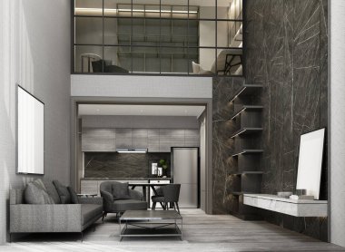 Çift kişilik oturma ve yemek odası ahşap zemin ve mermer desenli duvar süslemesi, Mezzanine çalışma alanı. dahili 3d oluşturma 