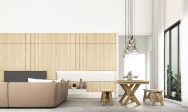 Kanepe seti, gri fayans döşemesi ve ahşap duvarlı modern yaşam ve yemek alanı. 3d oluşturma