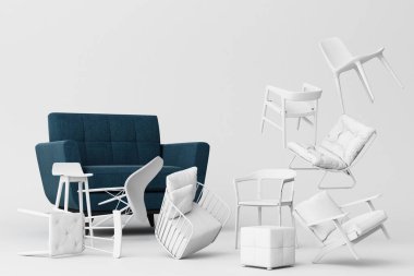 Beyaz arka planda beyaz sandalyelerle çevrili mavi koltuk. Minimalizm ve montaj sanatı kavramı. 3D oluşturma maketi