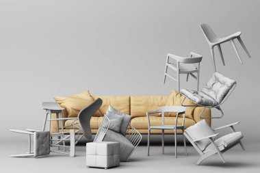 Beyaz arka planda beyaz sandalyelerle çevrili kahverengi kanepe. Minimalizm ve montaj sanatı kavramı. 3D oluşturma maketi