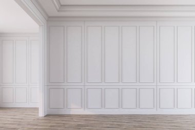 Beyaz panelleri ve ahşap zemini olan modern klasik iç mimari giriş odası. 3d canlandırma çizimi maketi.