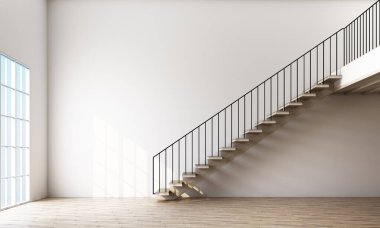 Çift katlı modern çatı katı, beyaz duvarlı merdiven manzaralı. 3d oluşturma 