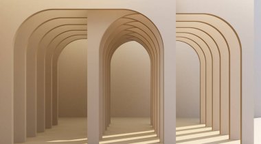 Minimalist, kahverengi kemerli koridor mimari koridoru boş duvarlı. 3d oluşturma, en az.