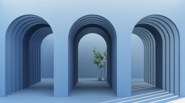 Minimalist, mavi kemerli koridor mimari koridoru boş duvarlı. 3d oluşturma, en az.