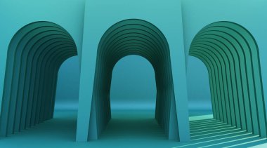 Minimalist, yeşil kemerli koridor mimari koridoru boş duvarlı. 3d oluşturma, en az.