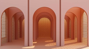 Minimalist, turuncu kemerli koridor mimari koridoru boş duvarlı. 3d oluşturma, en az.