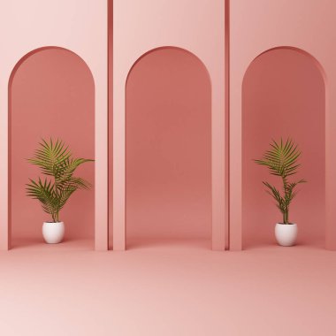 Minimalist, pembe kemerli bir bitki. 3d oluşturma 