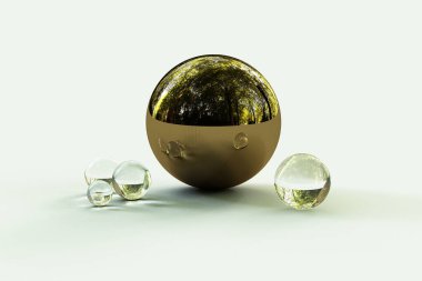 Orman ortamlı geometrik şekiller küreye yansıyor. 3d oluşturma