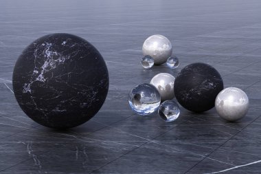 Bulutlu çevreye sahip geometrik şekiller küreye yansıyor. 3d oluşturma