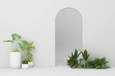 Minimalist, birçok bitki süslemesi olan beyaz bir kemer. 3d oluşturma 