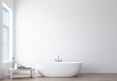 Banyo tasarımı modern ve beyaz duvarlı tavan arası. 3d oluşturma