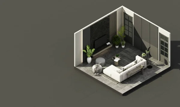 Interior luxury minimalist style in the living room using wood material and light gray cloth on concrete tile floor and arched walkways in an apartment with large windows 3d render isometric