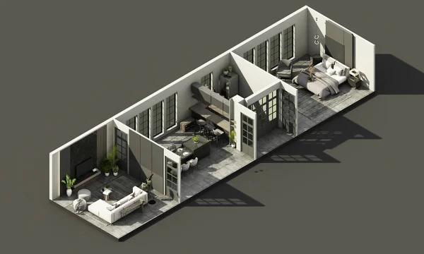 Interior luxury minimalist style in the living dining bedroom using wood material and light gray cloth on concrete tile floor and arched walkways in an apartment with large windows 3d render isometric