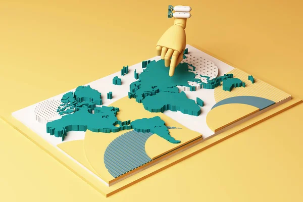 Wereldkaart Met Menselijke Hand Bom Concept Abstracte Samenstelling Van Geometrische — Stockfoto