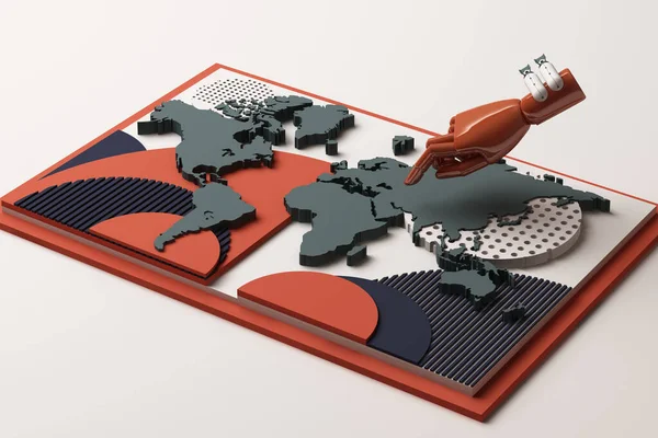 Wereldkaart Met Menselijke Hand Bom Concept Abstracte Samenstelling Van Geometrische — Stockfoto