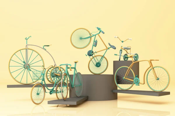 Many Bicycle Platform Yellow Background Retro Bike Rendering — Stock Photo, Image