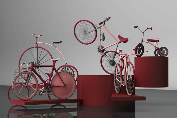 Πολλά Από Κόκκινα Ποδήλατο Στην Πλατφόρμα Γκρι Φόντο Ρετρό Ποδήλατο — Φωτογραφία Αρχείου