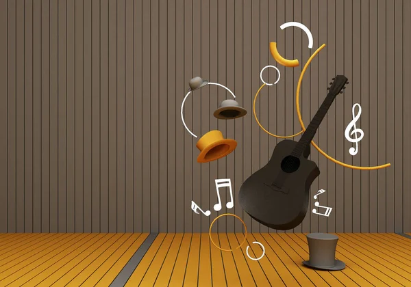 Schwarze Gitarre Und Grauer Hut Mit Musiktasten Auf Gelbem Boden — Stockfoto