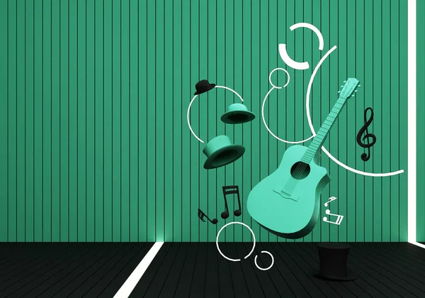 Grüne Gitarre Und Schwarzer Hut Mit Musiktasten Auf Schwarzem Boden — Stockfoto