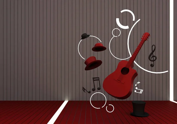 赤ギターと黒の帽子と赤い床と背景の音楽キー3Dレンダリング — ストック写真