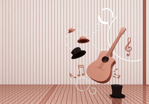 Różowa Gitara Pastelowa Czarny Kapelusz Klawiszami Muzycznymi Różowym Piętrze Tle — Zdjęcie stockowe