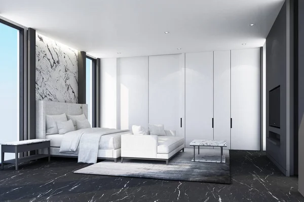 Idee Van Witte Moderne Luxe Slaapkamer Zwart Marmeren Vloer Met — Stockfoto