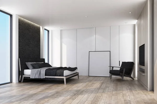 Modern Çatı Katı Yatak Odası Ahşap Döşeme Siyah Tuğla Dekorasyon — Stok fotoğraf