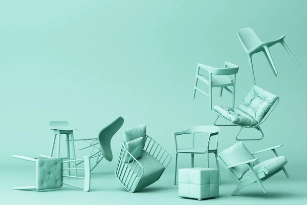 Cadeiras Pastel Verde Fundo Verde Vazio Conceito Minimalismo Arte Instalação — Fotografia de Stock