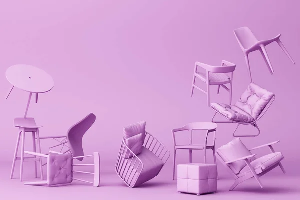 Purple chairs in empty Purple background. Concept of minimalism & installation art. 3d rendering mock up