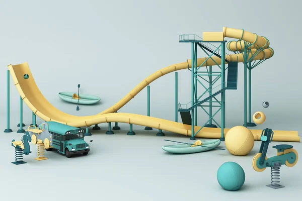 緑のパステルの背景にカラフルなおもちゃの多くに囲まれた遊園地の黄色いジェットコースター 3Dレンダリング — ストック写真